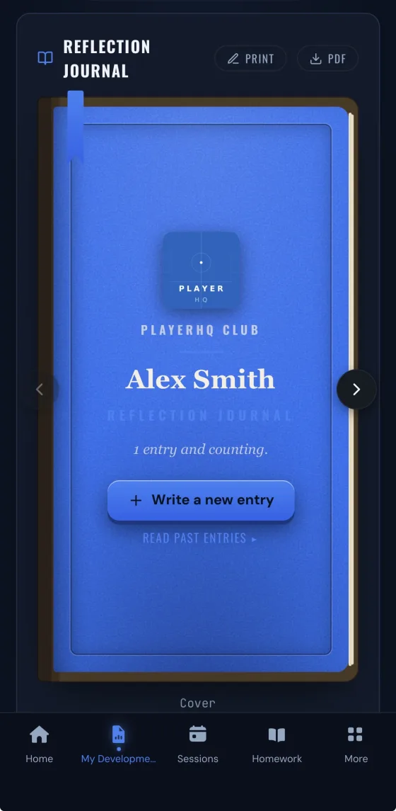 The club-branded reflection journal cover on a phone, showing the player name